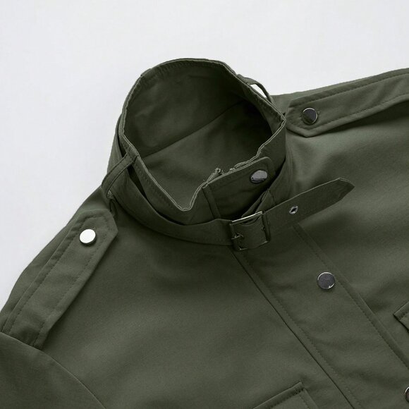 Army Green Casual Women's Short Long Sleeve Zipper Jacket with Button Detail - Picture 5 of 7